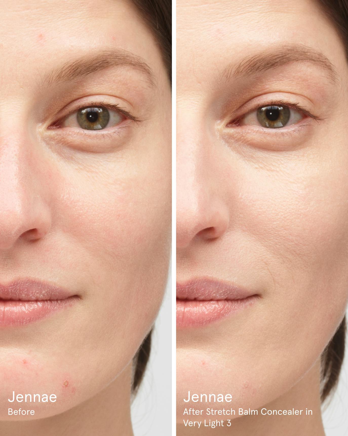 Jennae before. After Stretch Balm Concealer in VL3.