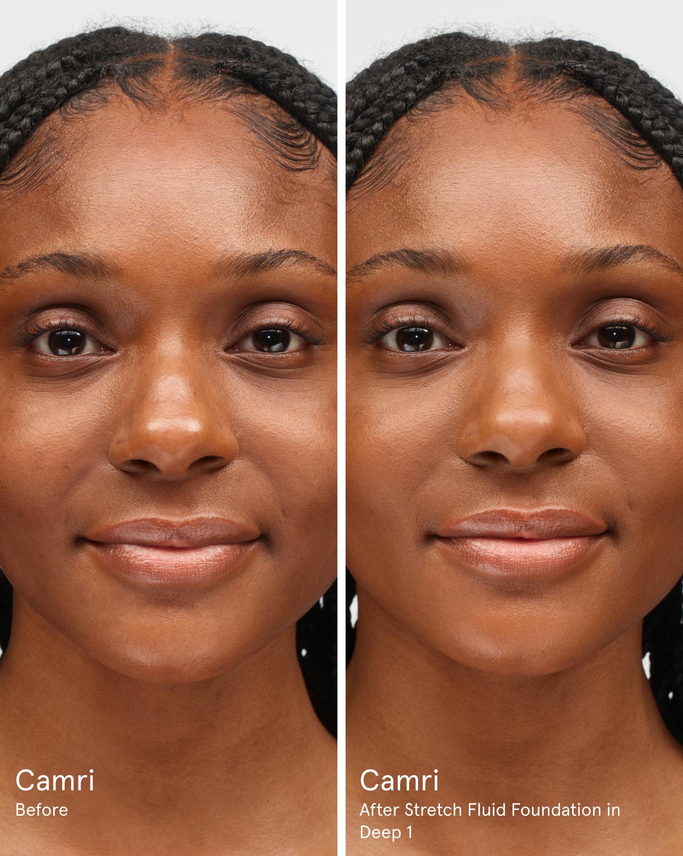 Camri before. After Stretch Fluid Foundation in D1.