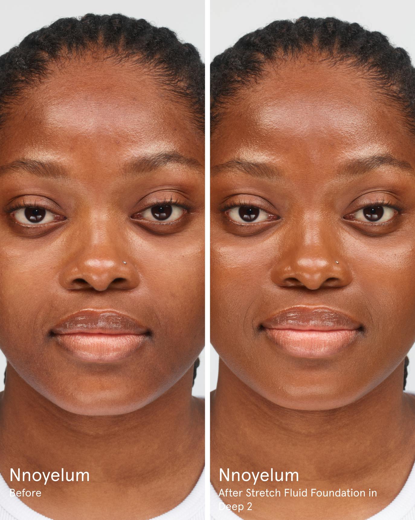 Nnoyelum before. After Stretch Fluid Foundation in D2.