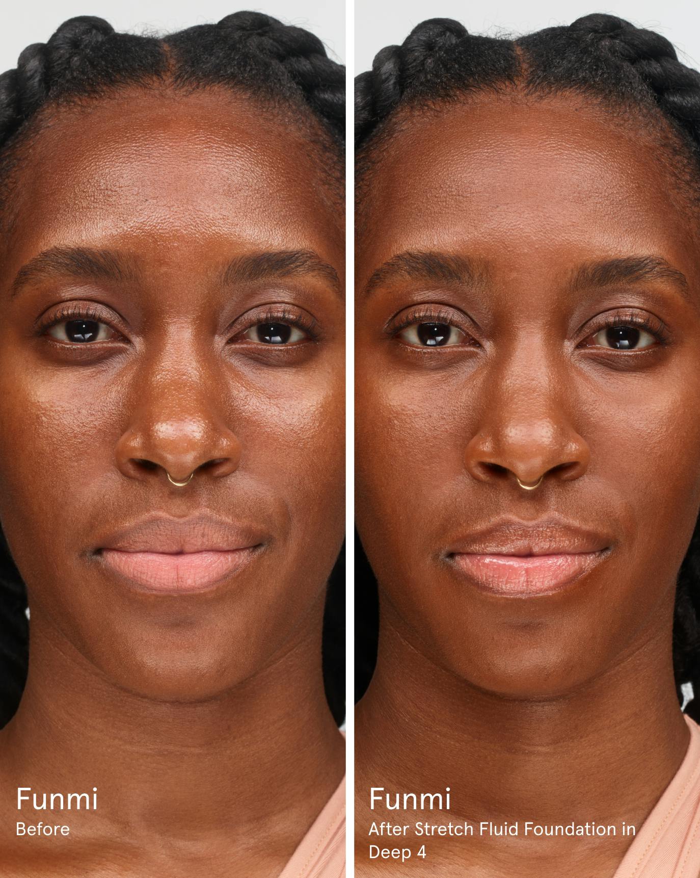 Funmi before. After Stretch Fluid Foundation in D4.