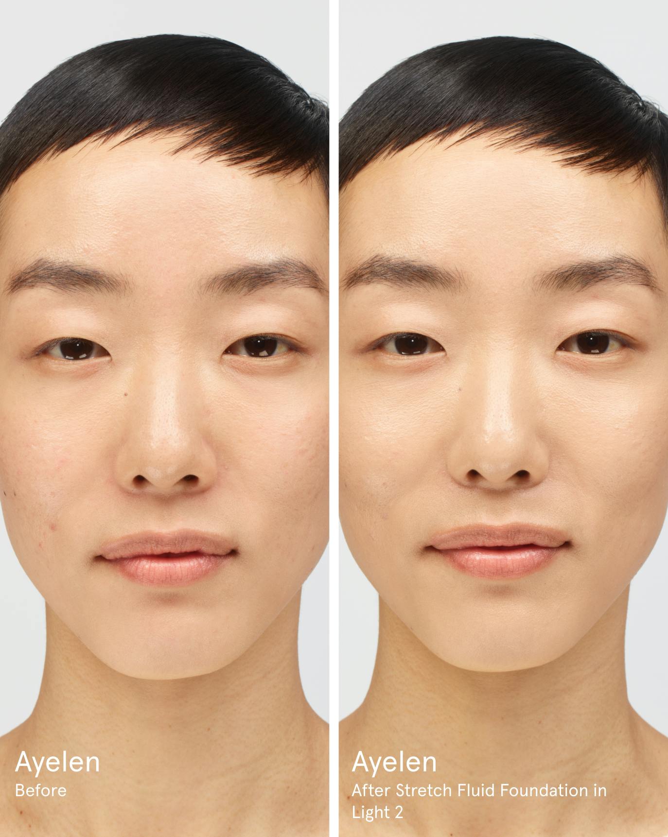Ayelen before. After Stretch Fluid Foundation in L2.