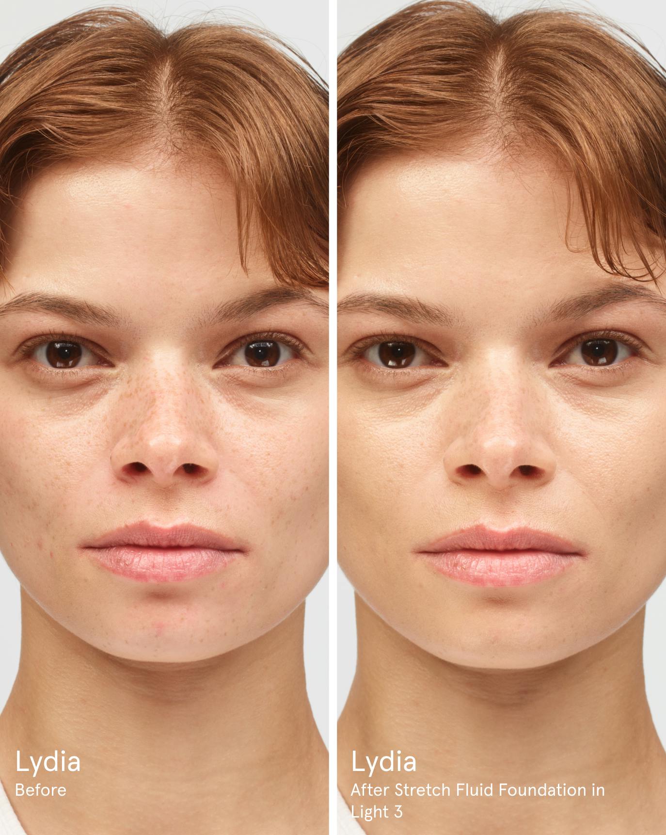 Lydia before. After Stretch Fluid Foundation in L3.