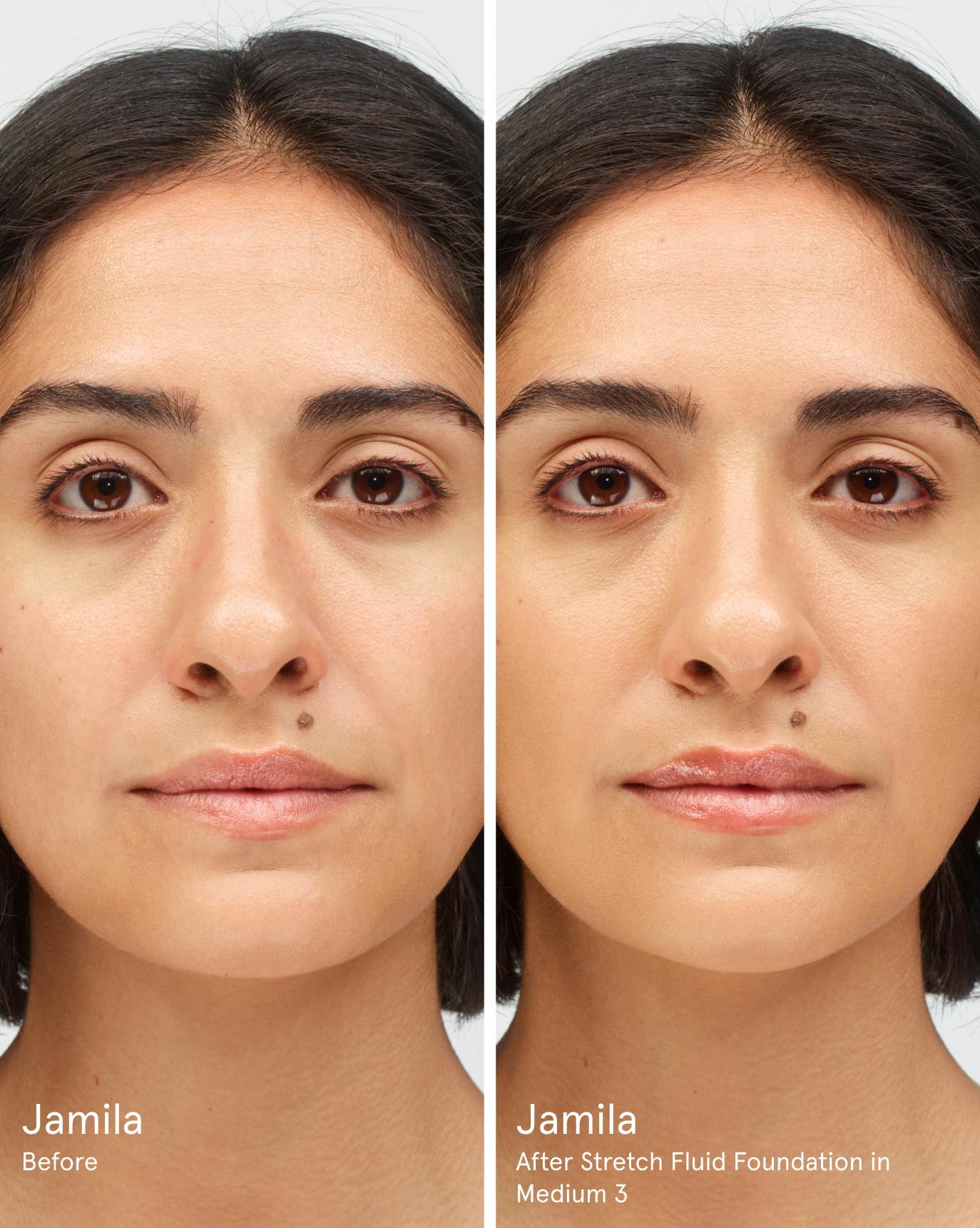 Jamilia before. After Stretch Fluid Foundation in M3.