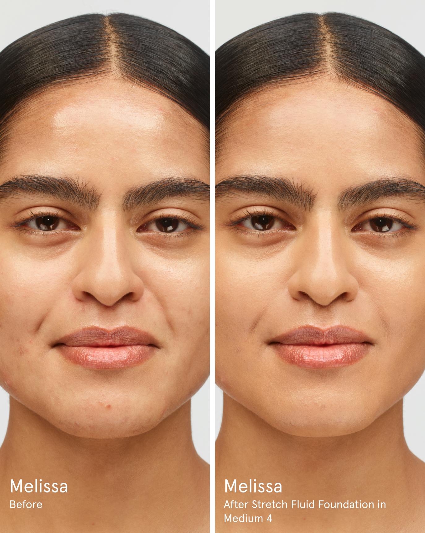 Melissa before. After Stretch Fluid Foundation in M4.