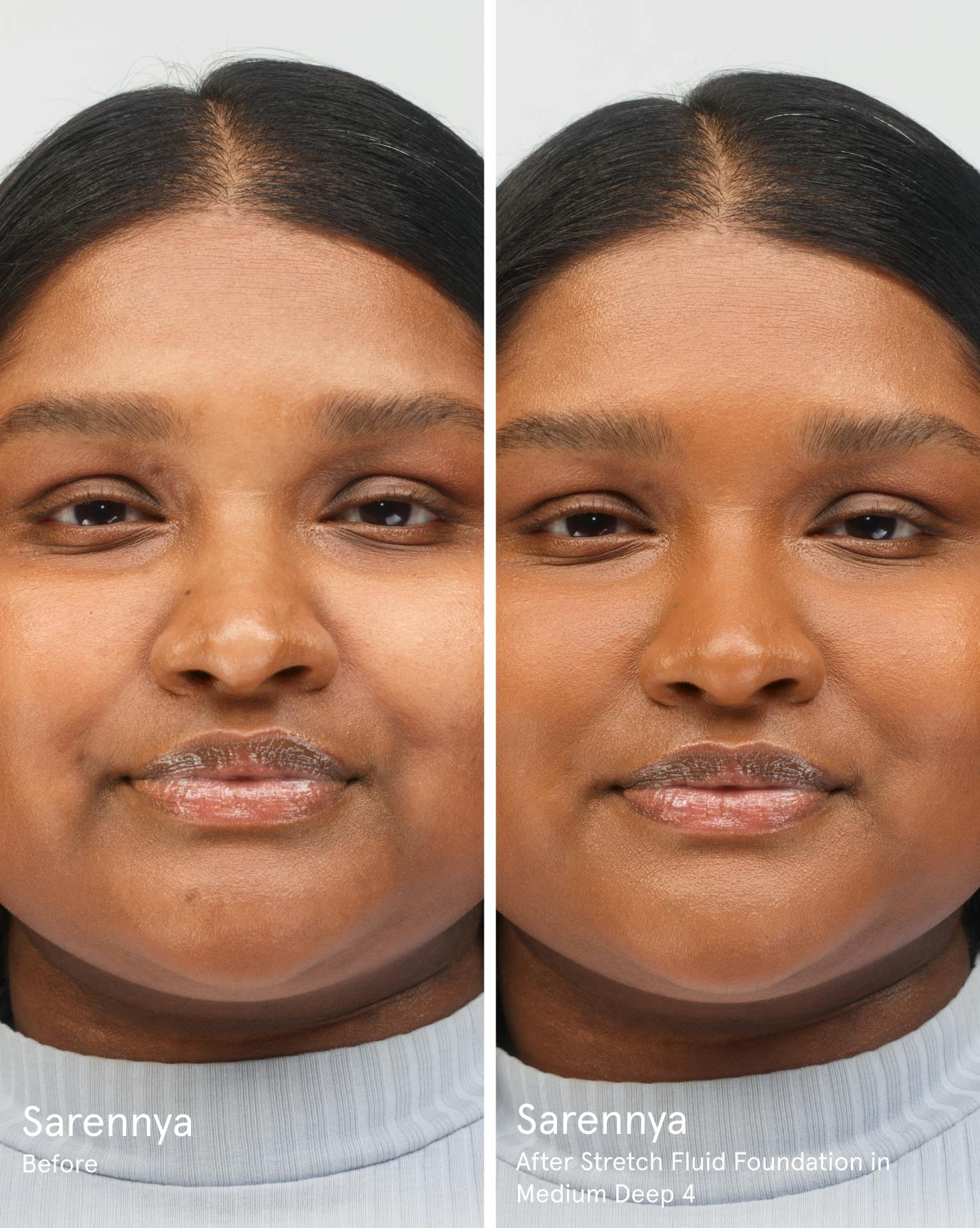 Sarennya before. After Stretch Fluid Foundation in MD4.