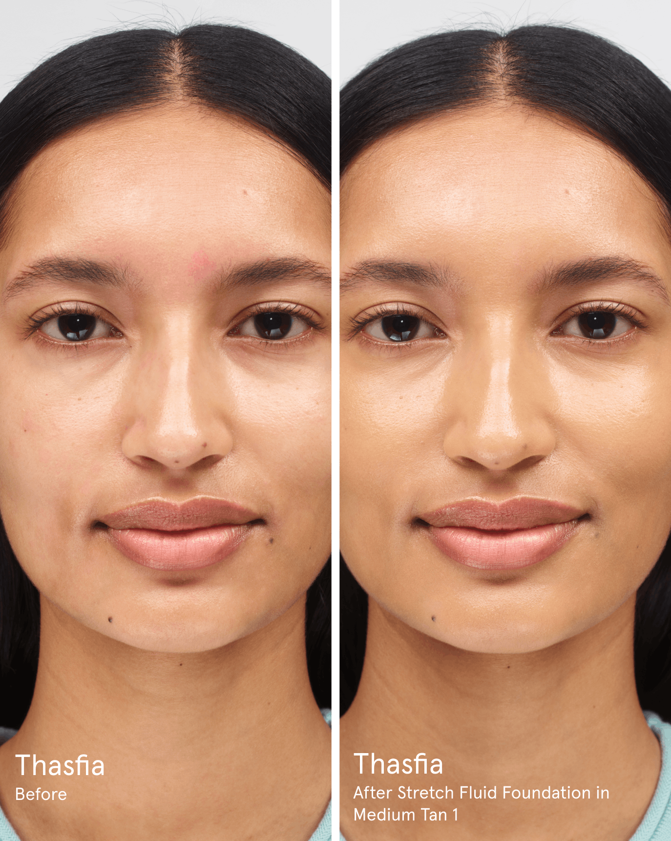 Thasfia before. After Stretch Fluid Foundation in MT1.