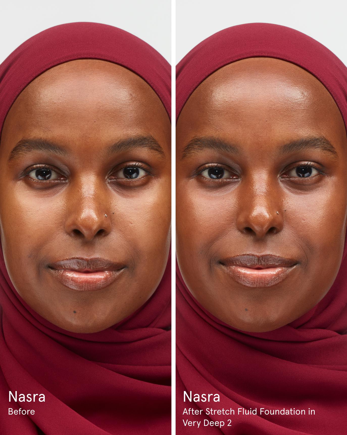 Nasra before. After Stretch Fluid Foundation in VD2.
