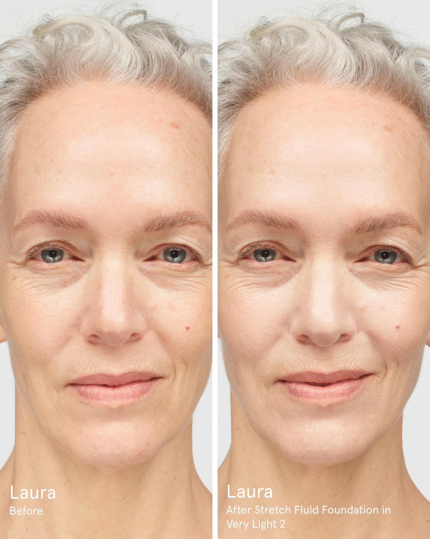 Laura before. After Stretch Fluid Foundation in VL2.