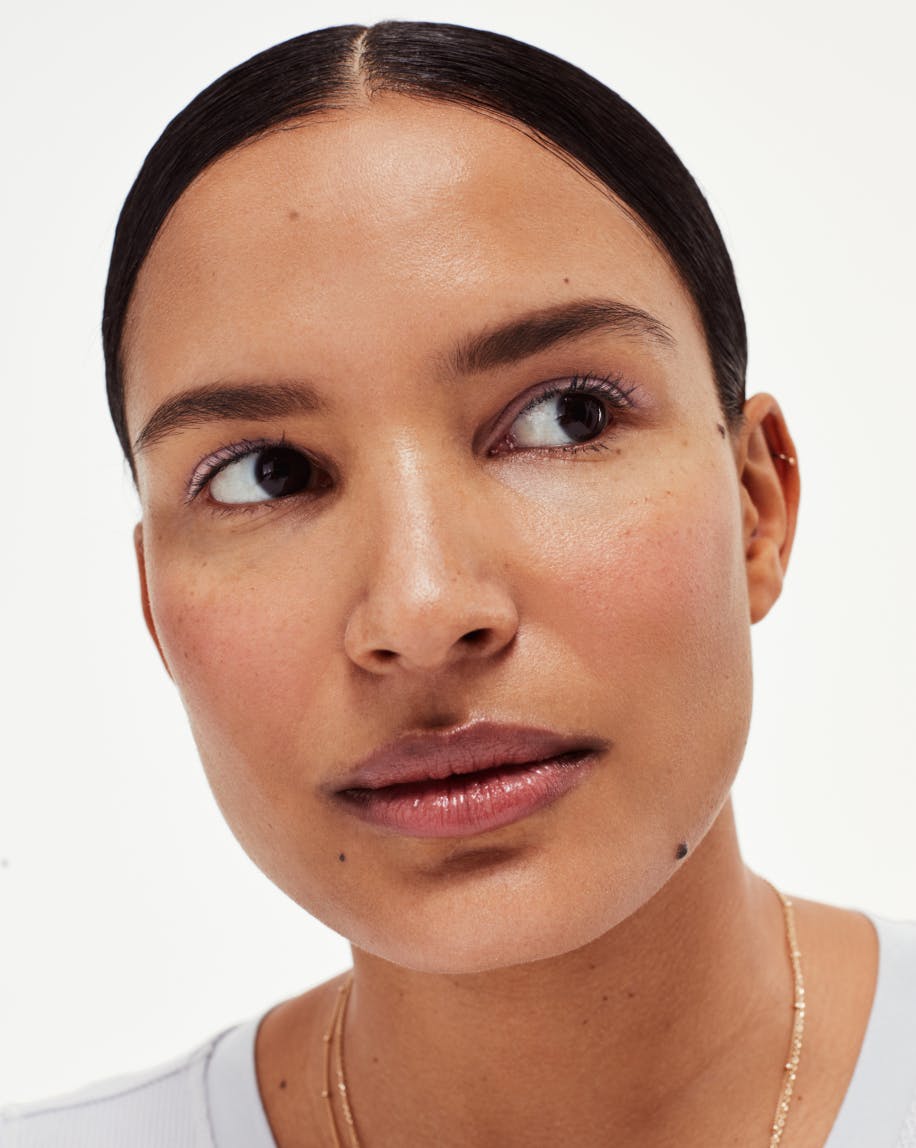 Model wears Skywash in Pebble