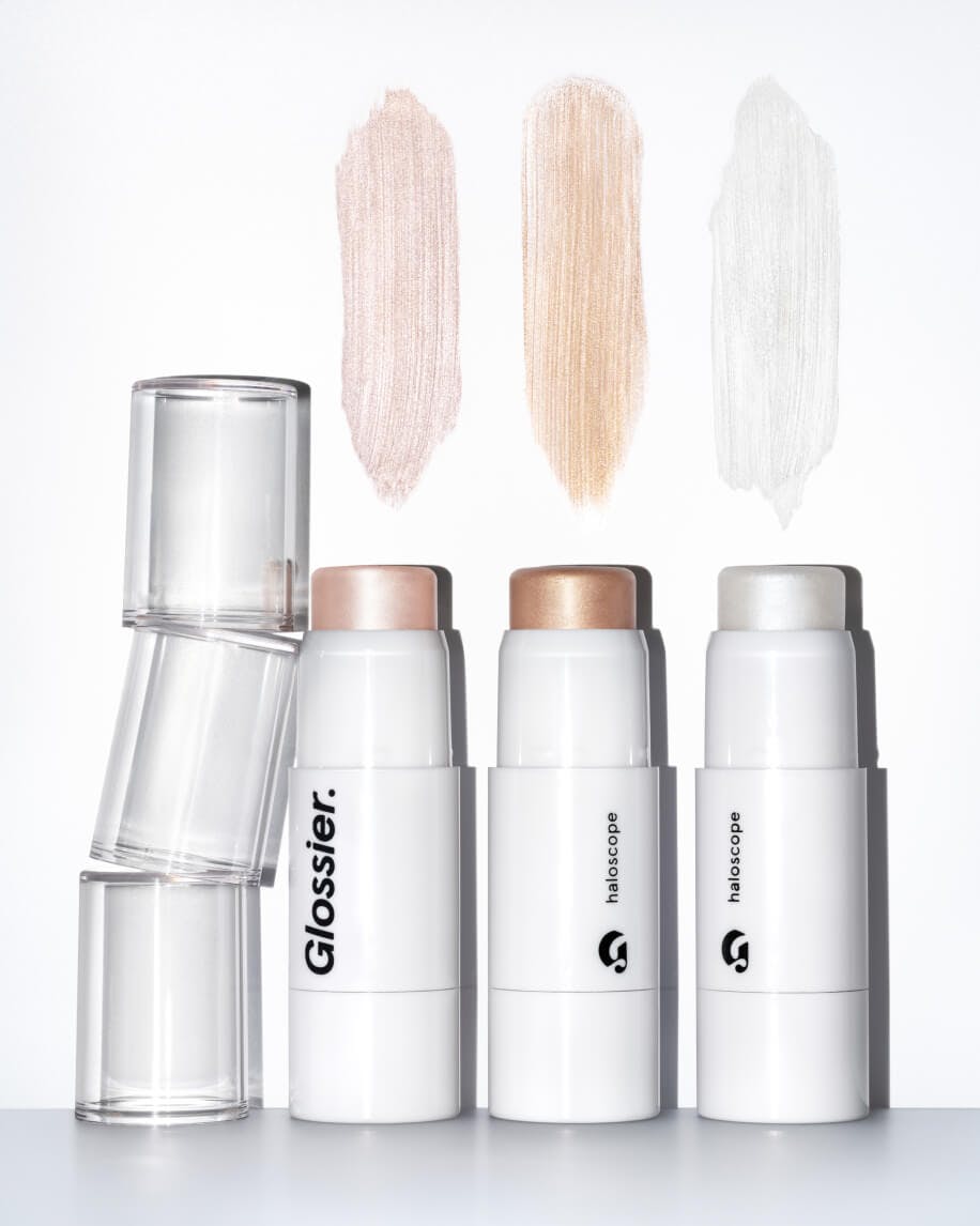 product shot of all three shades of haloscope with swatches on white background